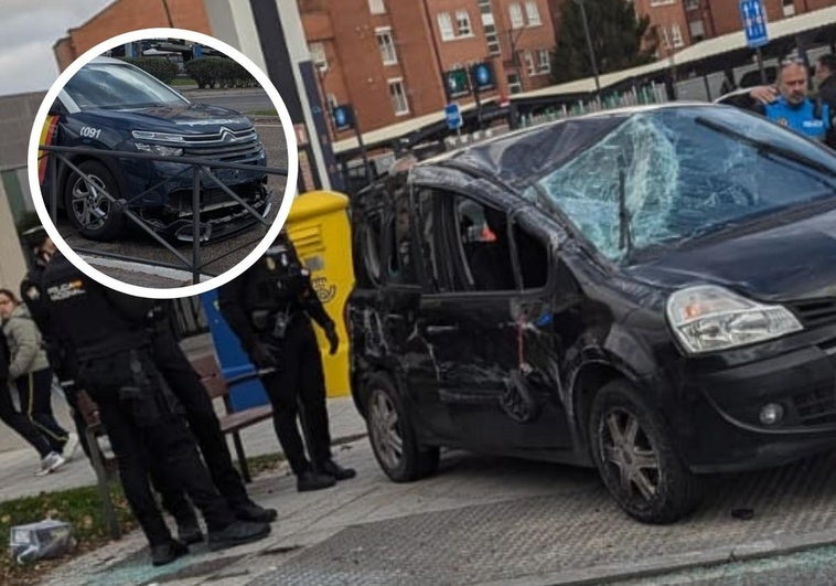 Estado en el que quedó el vehículo accidentado. En el círculo, coche de la Policía Nacional con la parte delantera dañada.