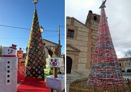 Los particulares árboles de Navidad instalados en Santiago del Arroyo (izquierda) y Mojados.