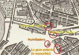 Lugares que cita el romance a la salida de Valladolid, sobre el plano de Ventura Seco, de 1738.