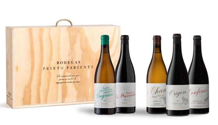 Estuche y botellas de Bodegas Prieto Pariente.