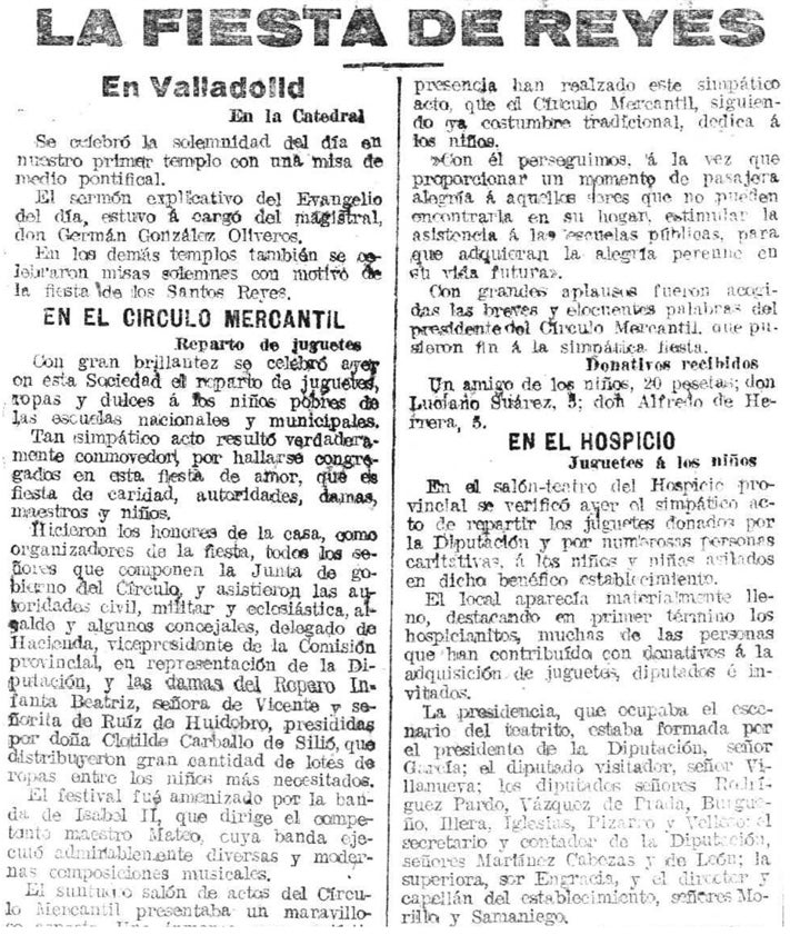 Imagen secundaria 2 - Arriba, el salón del Círculo Mercantil, donde se celebró el reparto. Abajo, familias pobres de Valladolid antes de ser asistidas por el gobernador civil en 1927, y extracto de la noticia en El Norte de Castilla.