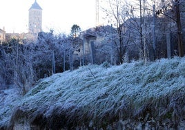 Zona verde de Segovia cubierta de blanco por la helada.