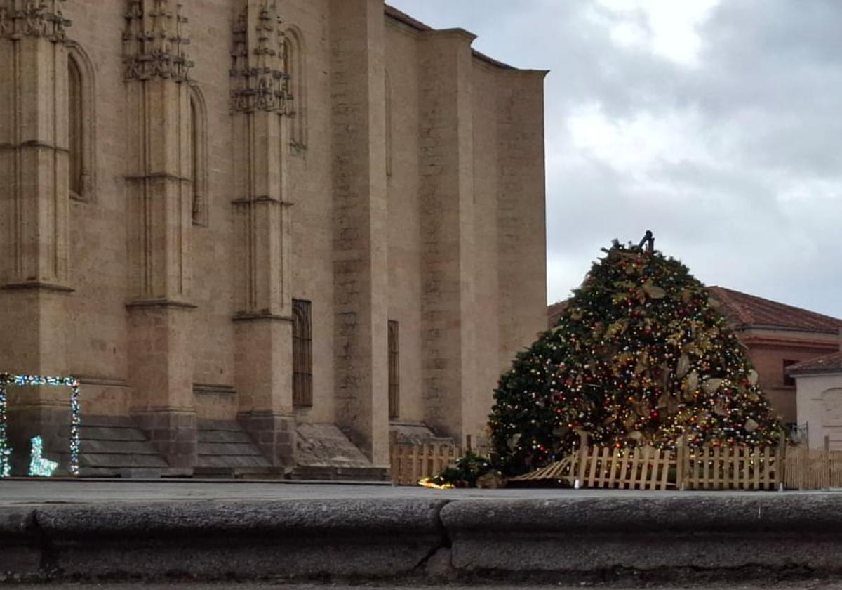 El árbol de Navidad, caído en el enlosado de la Catedral de Segovia.