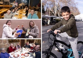 Arriba a la izquierda, la familia Alonso-Lasheras, debajo María Rosa y Almudena. Sobre estas líneas, el centenario Juan Sastre con lo suyos. A la derecha, Martín Reina con su flamante bici.