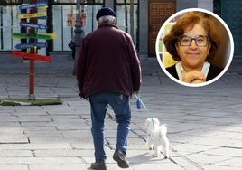 En grande, un hombre pasea junto a un local comercial cerrado. En pequeño, la gerente de Segovia Sur, María José Gil.