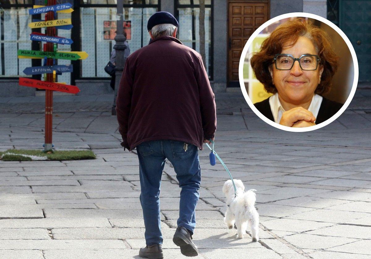 En grande, un hombre pasea junto a un local comercial cerrado. En pequeño, la gerente de Segovia Sur, María José Gil.