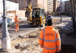 Los operarios retiran uno de los árboles, en las obras de reurbanización en Juan de Austria.