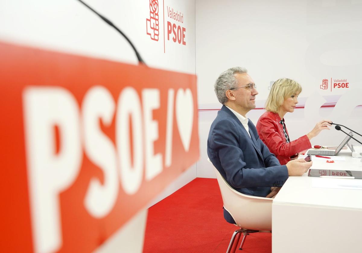 La diputada nacional del PSOE, Luisa Sanz, y el senador socialista Javier Izquierdo, comparecen ante los medios para valorar la decisión del Partido Popular al votar en contra del Decreto Ómnibus.