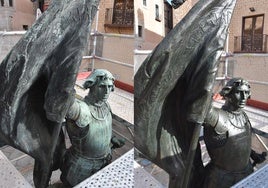 Los antes y después de la restauración del rostro de Juan Bravo y de la espalda de la escultura del comunero.