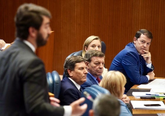 El presidente de la Junta, Alfonso Fernández Mañueco, observa a Juan García-Gallardo durante una intervención anterior en las Cortes.