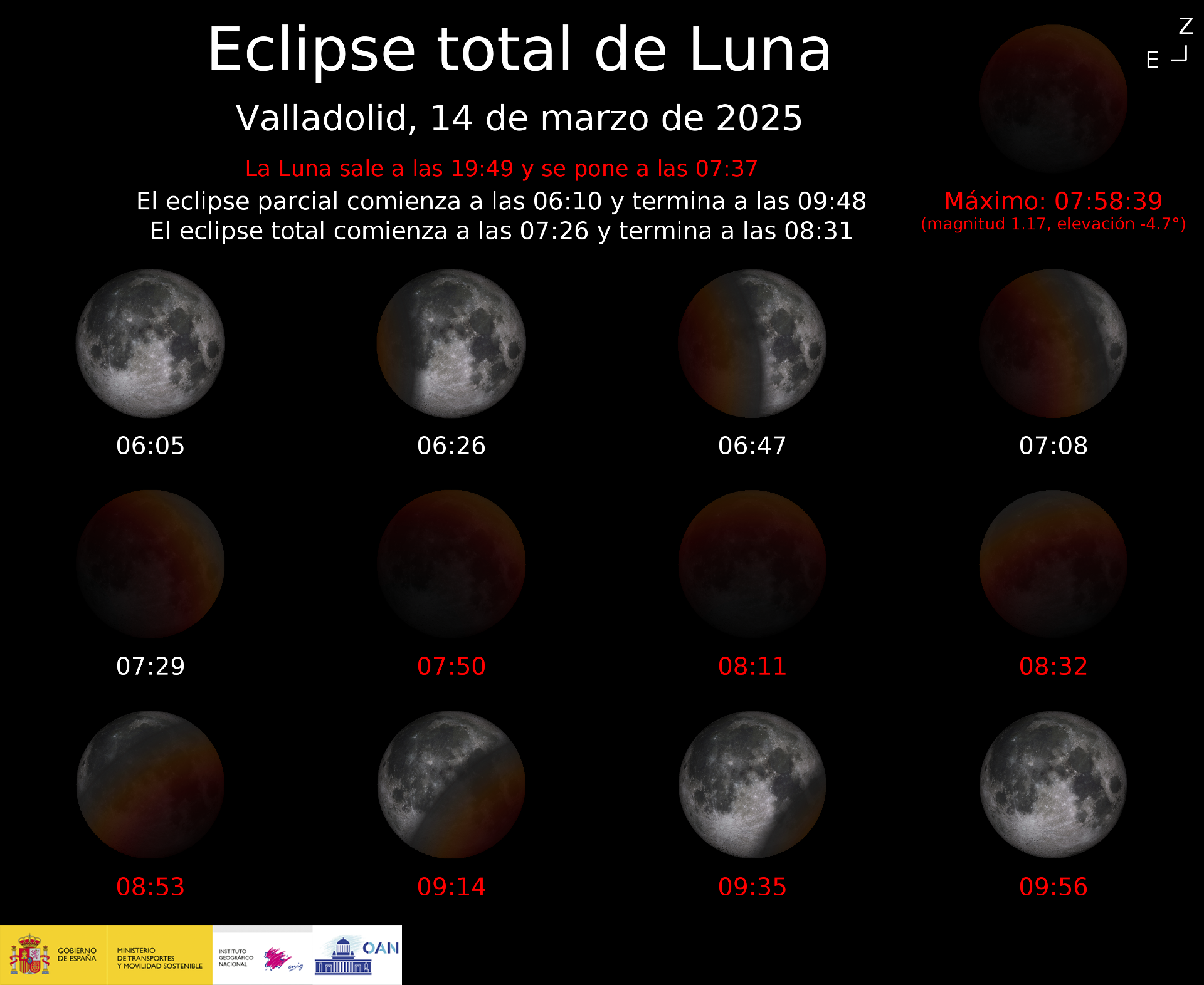 Imagen creada por el Instituto Geográfico Nacional en la que se puede conocer cómo se verá el eclipse de luna en Valladolid.