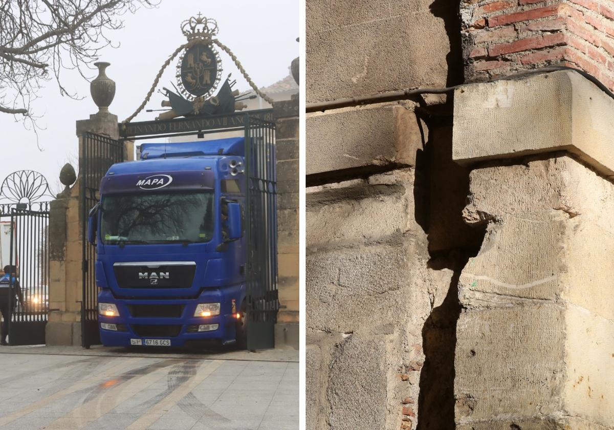 A la izquierda, el camión intentando acceder al Alcázar; a la derecha, los daños causados en la Puerta de San Cebrián.