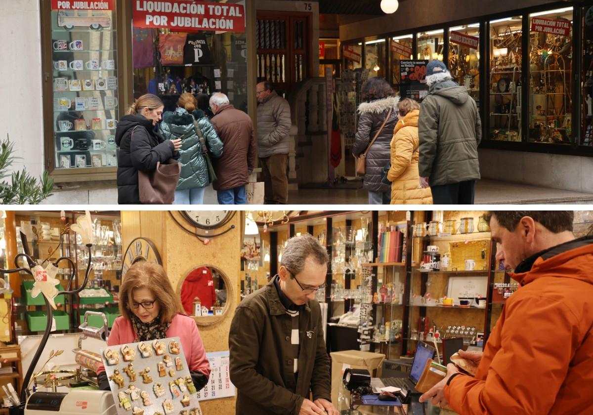 Entrada del establecimiento repleta de clientes, y los hermanos Juan Carlos y Rosa María en el interior de la tienda.