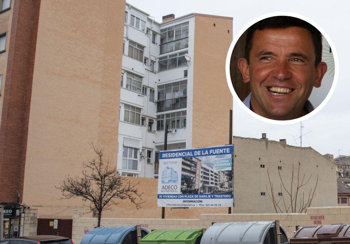 Cartel con la promoción de viviendas en Ezequiel González que obtuvo la licencia de obra en enero; en el círculo, el presidente de APIC, Javier Carretero.