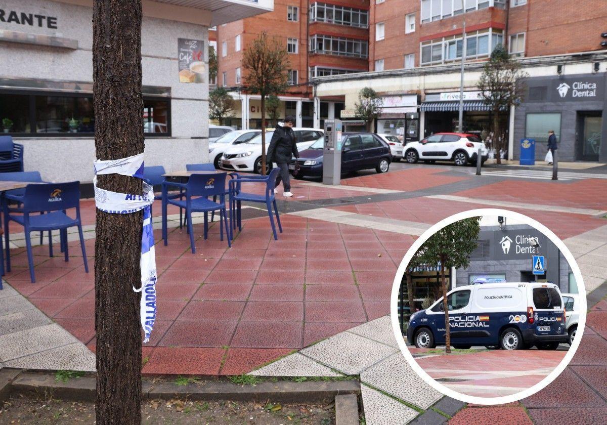 Restos del precinto policial en la plaza de la Danza, donde ha fallecido el hombre. En el círculo, un vehículo policial en la zona este viernes.