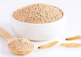 En el centro, harina de gusano; debajo, a la derecha, larvas del tenebrio molitor.