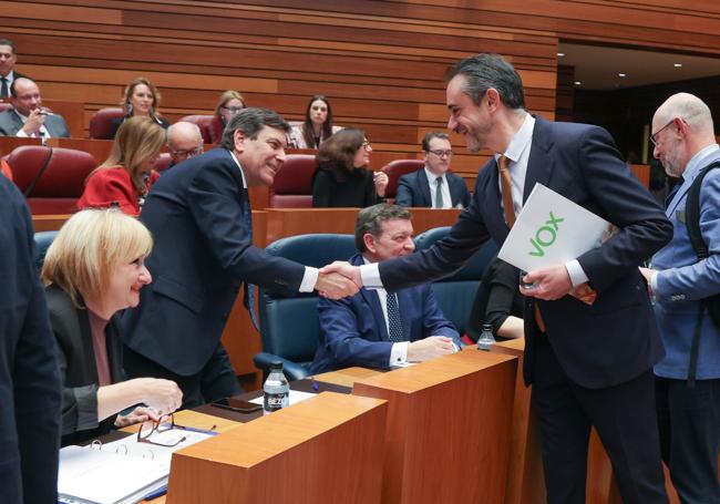 Procuradores de Vox, con el nuevo portavoz a la cabeza, saludan a Mañueco y a sus consejeros en el pleno de las Cortes