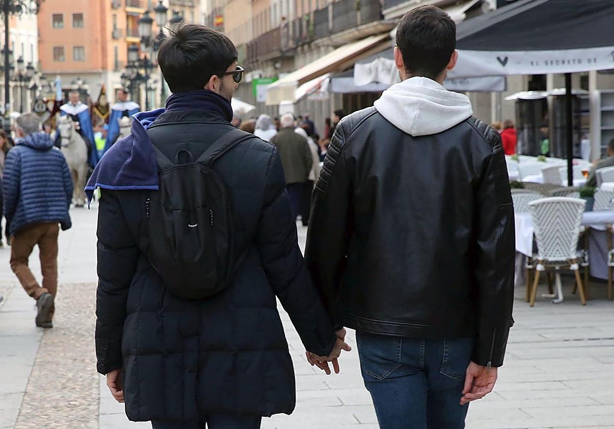 Una pareja camina de la mano por la avenida del Acueducto.