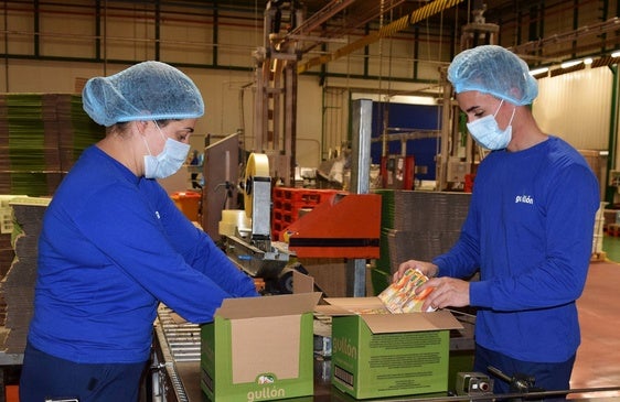 Dos trabajadores de Gullón, en la línea de envasado.