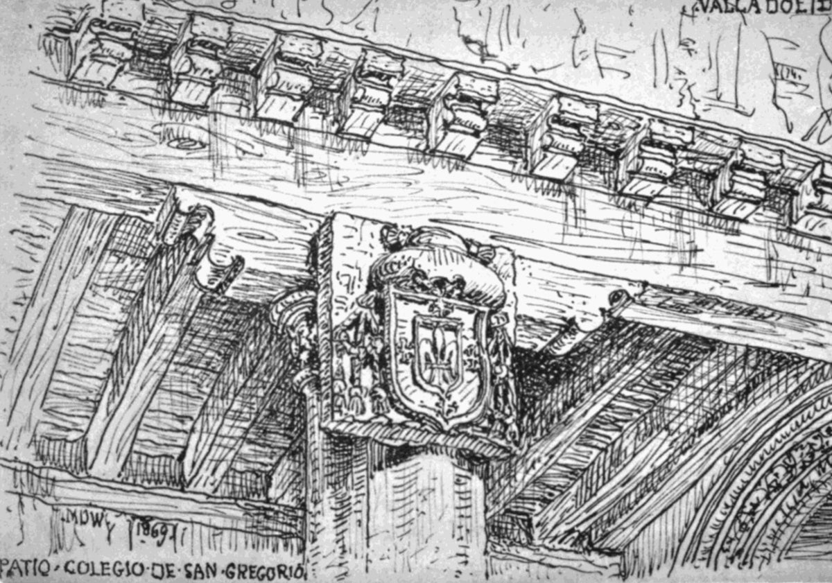 Imagen principal - Arriba, detalle heráldico del patio de San Gregorio. Abajo, dibujo de la Casa del Infantado, hoy Palacio de Villena, y retrato del arquitecto inglés.