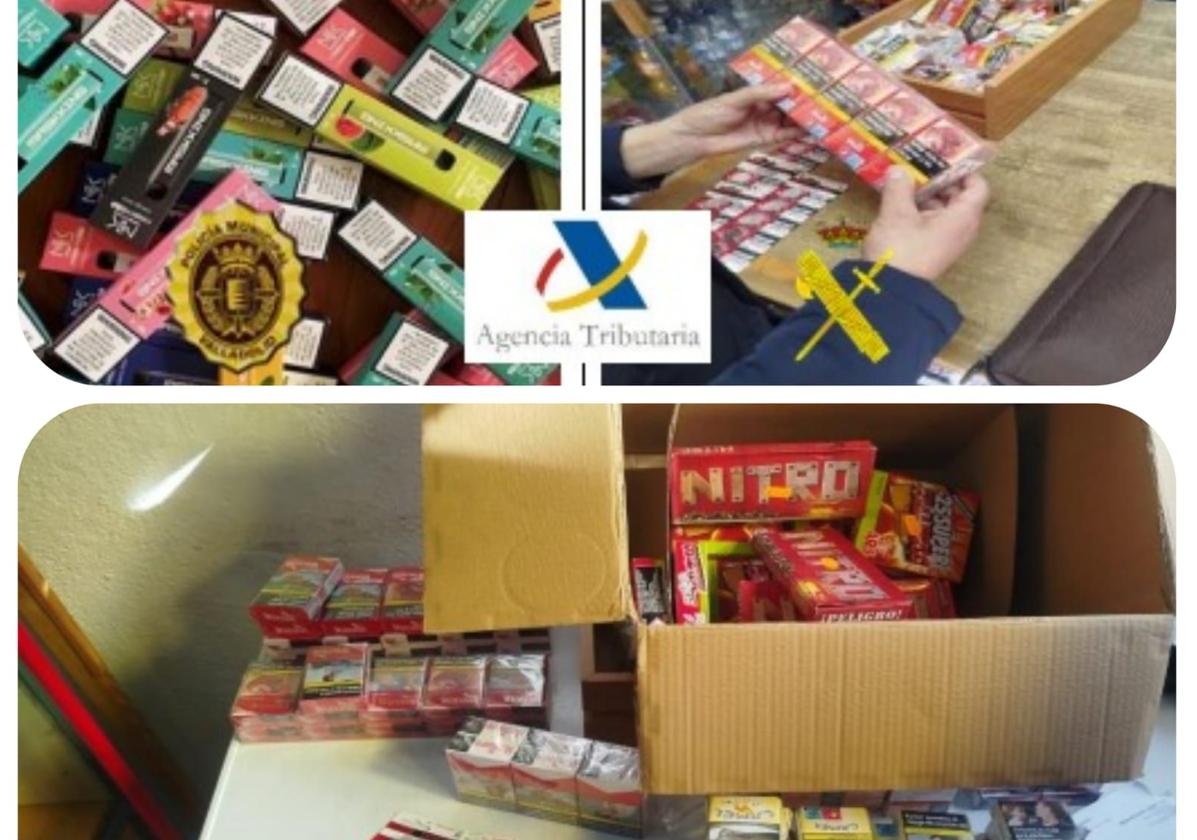 Cajetillas de tabaco y vapeadores requisados durante la operación.