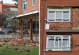 Cascotes caídos en la zona balizada y aspecto de la fachada tras los desprendimientos.