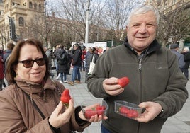 Dos de las personas que recogieron las fresas gratis repartidas en Valladolid