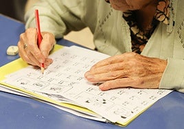 Una usuaria de una residencia de mayores realiza actividades de aprendizaje y memoria.
