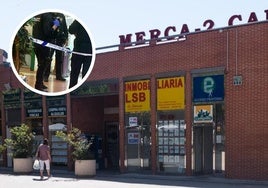 Exterior del mercado del Campillo y detalle del precinto policial en su interior a raíz del fallecimiento de una mujer en su interior.