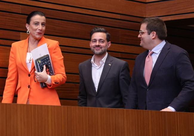 Los socialistas Ana Sánchez y Diego Moreno acceden a la Mesa de las Cortes,el martes, conversando con el letrado mayor del Parlamento autonómico.