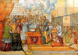 Bautizo de Felipe II en la iglesia de San Pablo. Azulejos del palacio de Pimentel, por J. Ruiz de Luna (1939).
