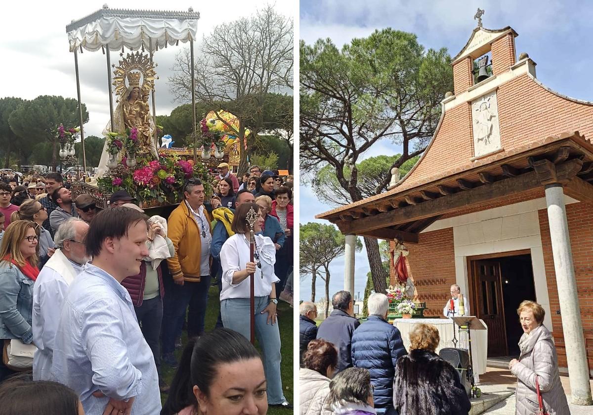 A la izquierda, la imagen de la Virgen de Sacedón en procesión. A la derecha, misa en la ermita de Cristo Rey.