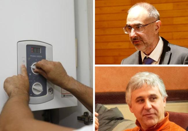 Un particular manipula una caldera en una imagen de archivo. A la derecha, el director general de Industria, Mariano Muñoz, y el procurador del PSOE Rubén Illera.