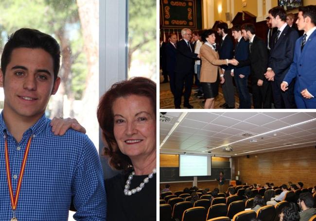 1.- Imagen de 2018 tras quedar 5º de España en la Olimpiada de Física, junto a la que era su profesora en aquel momento. 2.- La entonces ministra de Educación Isabel Celaa recibió a José Antonio Castro y al resto de ganadores de las Olimpiadas del Conocimiento. 3.- José Antonio Castro impartiendo su primera conferencia en un congreso