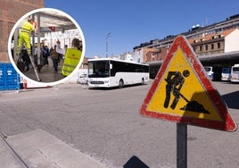 Señal de obras en la entrada de las cocheras de la estación. En el círculo, los operarios organizan los dársenas de las diferentes líneas.