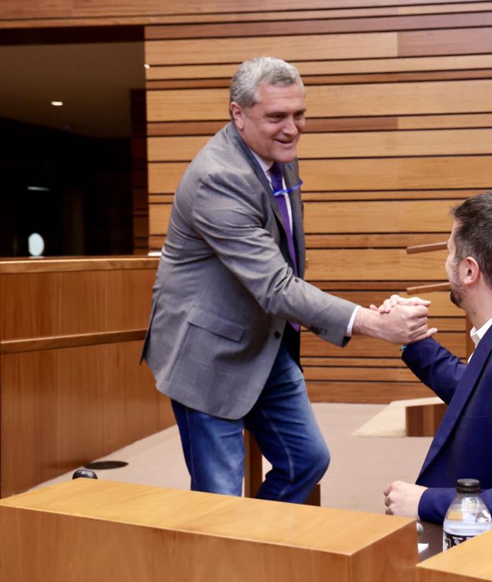 Imagen secundaria 2 - Tudanca recibe el aplauso de su grupo parlamentario. Después, saludo afectuoso con su número 2, Ana Sánchez, y con el procurador de Por Ávila, Pedro Pascual. 
