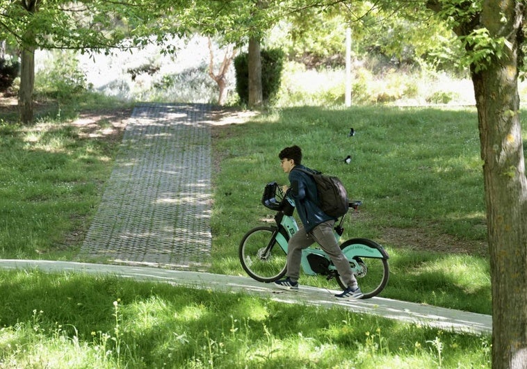 Juan Pérez, miembro de la Asamblea Ciclista de Valladolid, asciende por el carril bici de Parquesol.