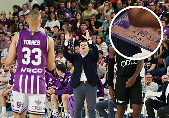 Paniagua da instrucciones a Mike Torres en el último partido en Pisuerga. En detalle, la pizarra del técnico vallisoletano en la que se puede leer 'Not today' (No hoy).