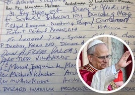 El nombre del cardenal Robert Prevost, en el libro de firmas de la Basílica de Santa Teresa de Ávila.