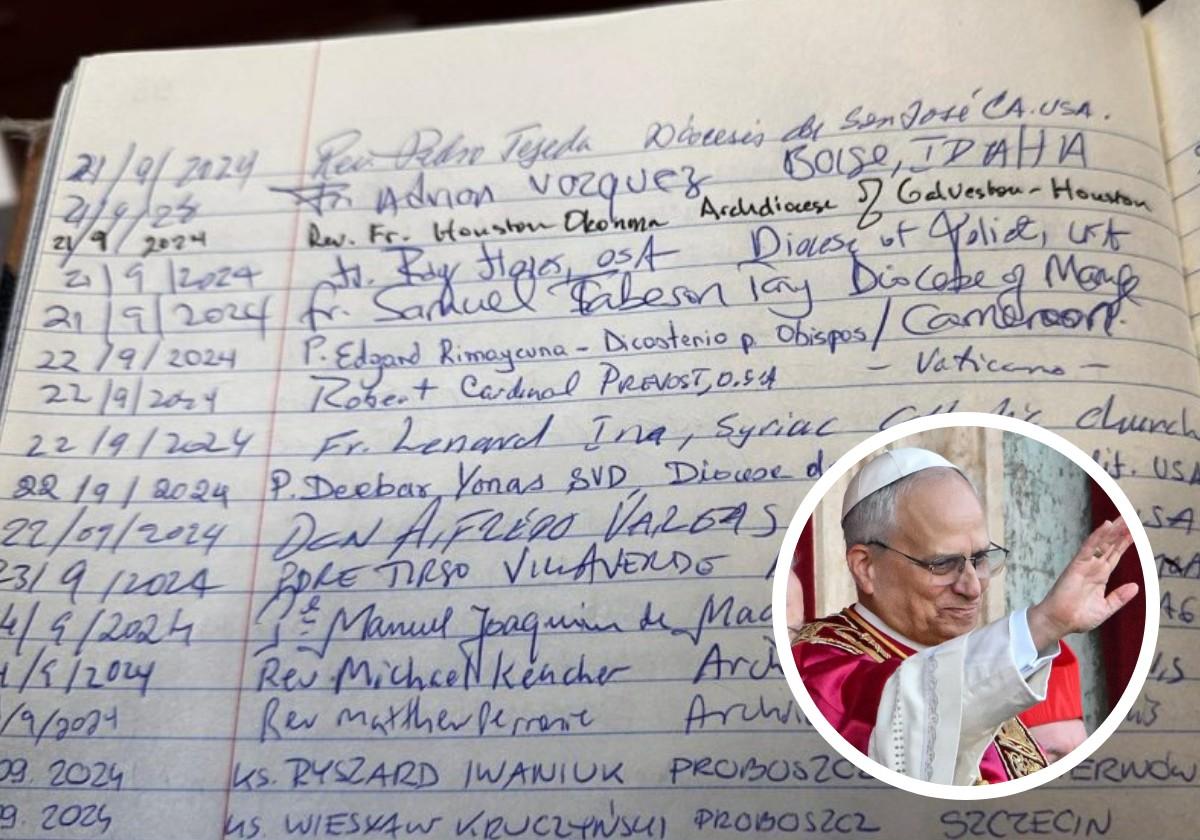 El nombre del cardenal Robert Prevost, en el libro de firmas de la Basílica de Santa Teresa de Ávila.