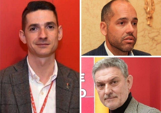 A la izquierda, el secretario de Organización del PSOE de Segovia, Sergio Iglesias; y a la derecha arriba, el alcalde granjeño, Samuel Alonso, y abajo el exregidor, José Luis Vázquez.