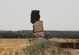 Nido de cigüeña en Burgos que ha hecho ceder la estructura de esta balsa de regadío creando una imagen muy curiosa.