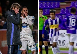 Álvaro Rubio habla con Anuar en un partido de esta temporada. A la derecha, debut de Anuar con el primer equipo del Real Valladolid en octubre 2014 tras suplir a Rubio sobre el césped en un partido de Copa ante el Girona.