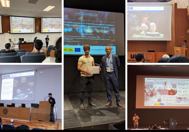 Foto1.- Ponencia en el International Symposyum on Molecular Spectroscopy, Urbana-Champaign, Illinois (EEUU), donde recibió el Jon Hougen Memorial Award (2023). Foto 2 (abajo).- Ponencia como invitado en la, Facultad de Ciencias, Universidad de Valladolid (2024). Foto 3 (Centro): Recepción del premio a la mejor tesis doctoral otorgado por la Asociación Española de Vacío (ASEVA, comité español de la IUPAP) durante el International Conference of Thin Films (2023). Foto 4: Ponencia en el Quantum Grain Workshop, Barcelona (2024). Foto 5.- Ponencia en el European Southern Observatory (ESO), Garching, Munich (2025).