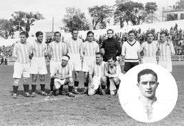 Formación del Valladolid de la temporada 1932-33 en el madrileño campo de El Parral. Sañudo, también en detalle, es el quinto de los de arriba, entre Antón y el guardameta Irigoyen.