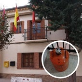 Fachada del Ayuntamiento de Santo Tomé del Puerto y bombona que se utilizó para intentar la explosión.