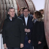 El presidente del Partido Popular, Alberto Núñez Feijóo, y el presidente de la Junta de Castilla y León y del PP regional, Alfonso Fernández Mañueco, visitan la bodega Hijos de Alberto Gutiérrez en el mes de marzo.
