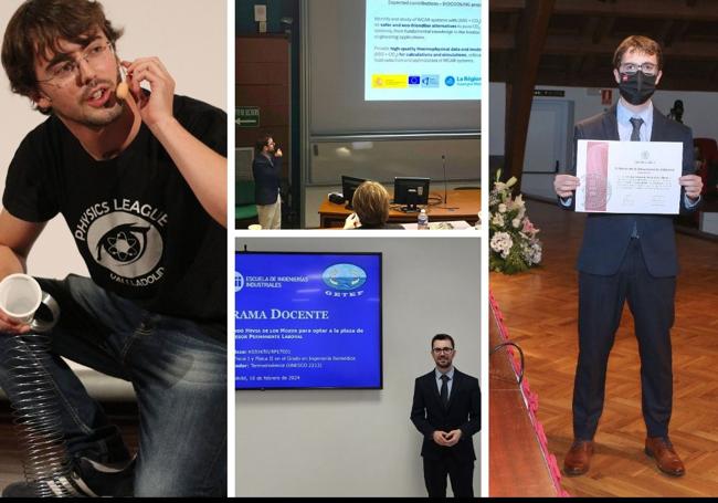 Foto 1.- Fernando Hevia en el espectáculo final de la Noche Europea de los Investigadores 2016 en el Museo de la Ciencia con la asociación Physics League. Foto 2.- Presentando el proyecto BIOCOOLING en el eminario Internacional sobre Refrigeración Sostenible (ISSR 2024 en París). Foto 3.- Hevia en la prueba de acceso a la plaza de Profesor Permantente Laboral en la UVa. Foto 4.- Hevia recibiendo el Premio Extraordinario de Doctorado