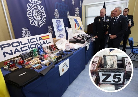 Armas y drogas intervenidas en la 'operación Churruca' y detalle de las marcas de la araña en los paquetes de cocaína y del lote (Z5) procedente de Galicia.