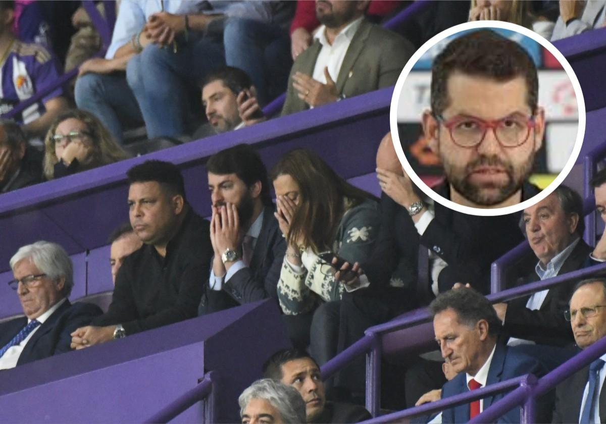 Ronaldo, en el palco en el Real Valladolid-Getafe que acabó en descenso en junio 2023; en detalle, la imagen de Gabriel Solares.
